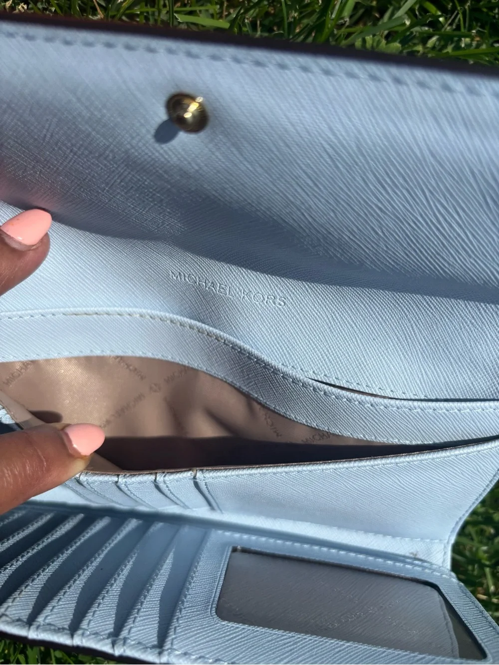 Michael Kors Powder Blue Saffiano Leather Continental Wallet with Gold Logo